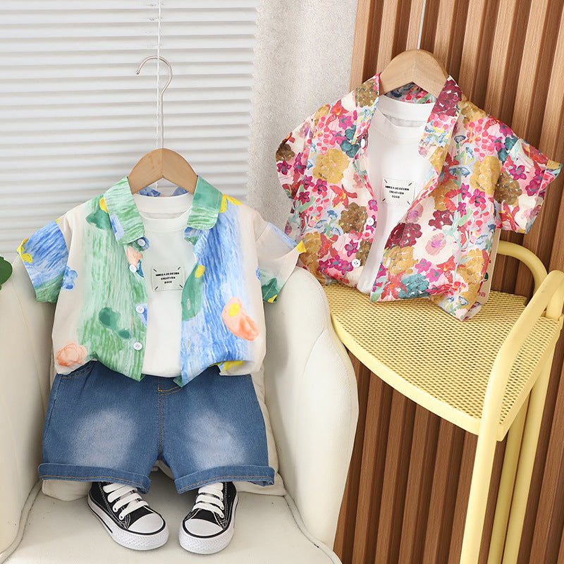Set Estivo Bambino - Camicia Fantasia Floreale e Pantaloncini in Denim