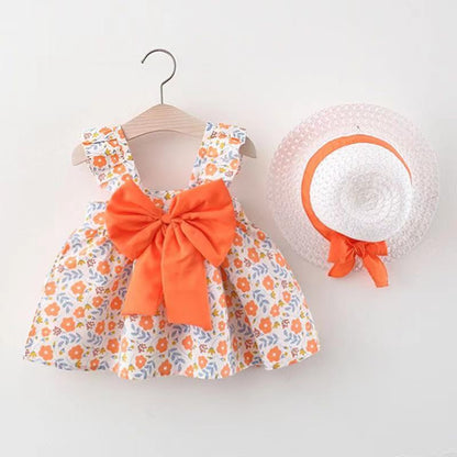 Set Abito Estivo Bambina  Vestito con Stampa  e Cappello Coordinato