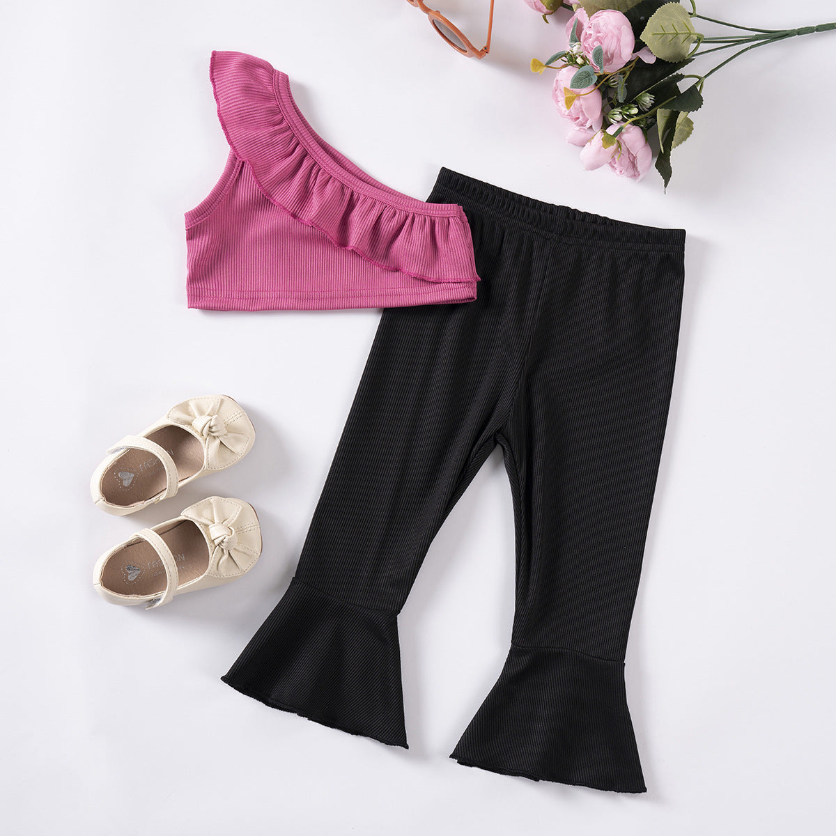 Completo 2pz Bambina con Top Monospalla e Pantaloni a Zampa