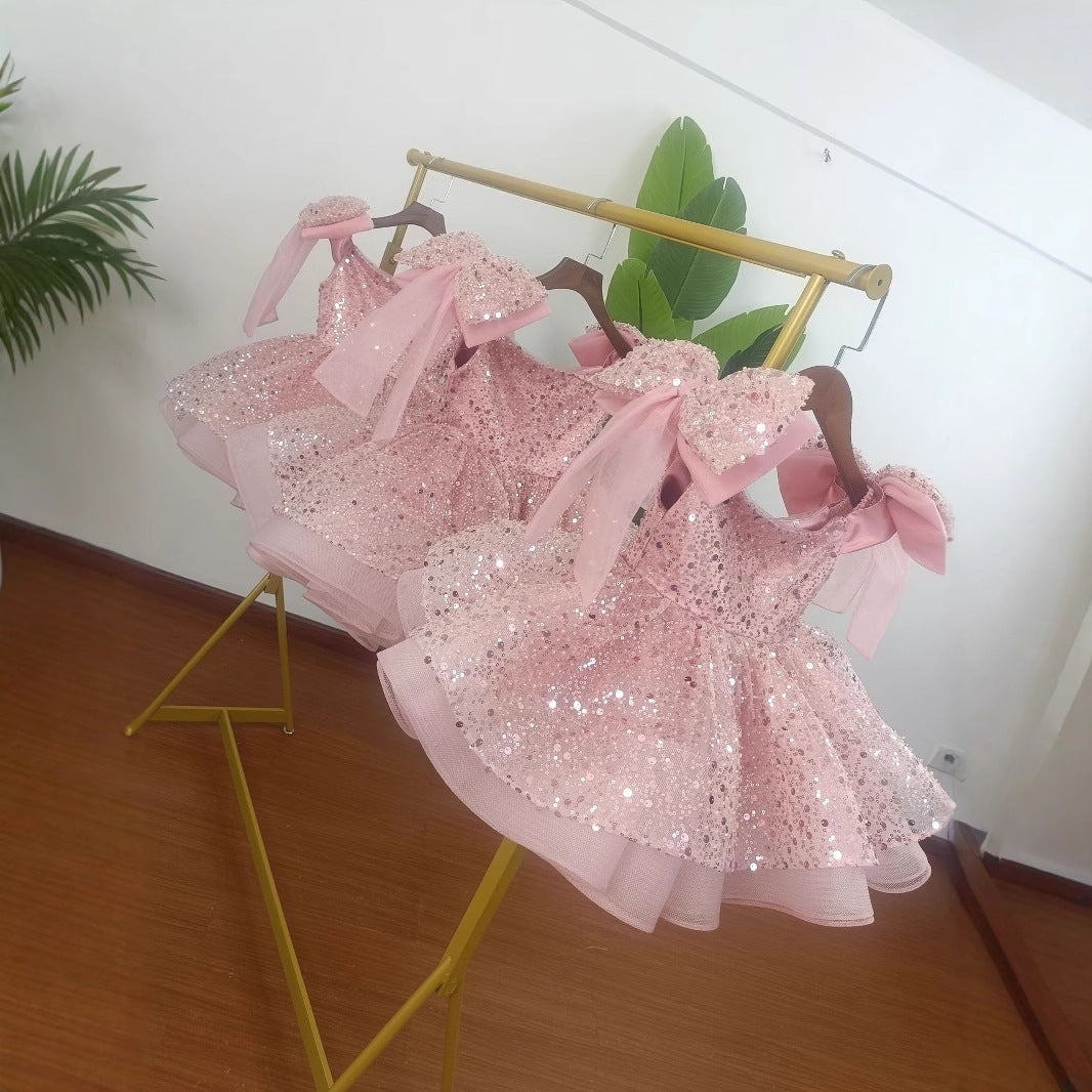 Abito da Cerimonia Bambina Rosa con Paillettes e Maxi Fiocchi