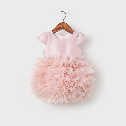 Abito Cerimonia Bambina Rosa   Gonna Voluminosa in Tulle e Fiocco Satinato