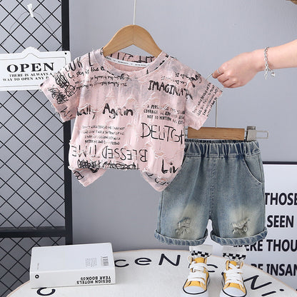Completo Estivo Bambino  T-shirt Grigia con Scritte & Shorts Jeans