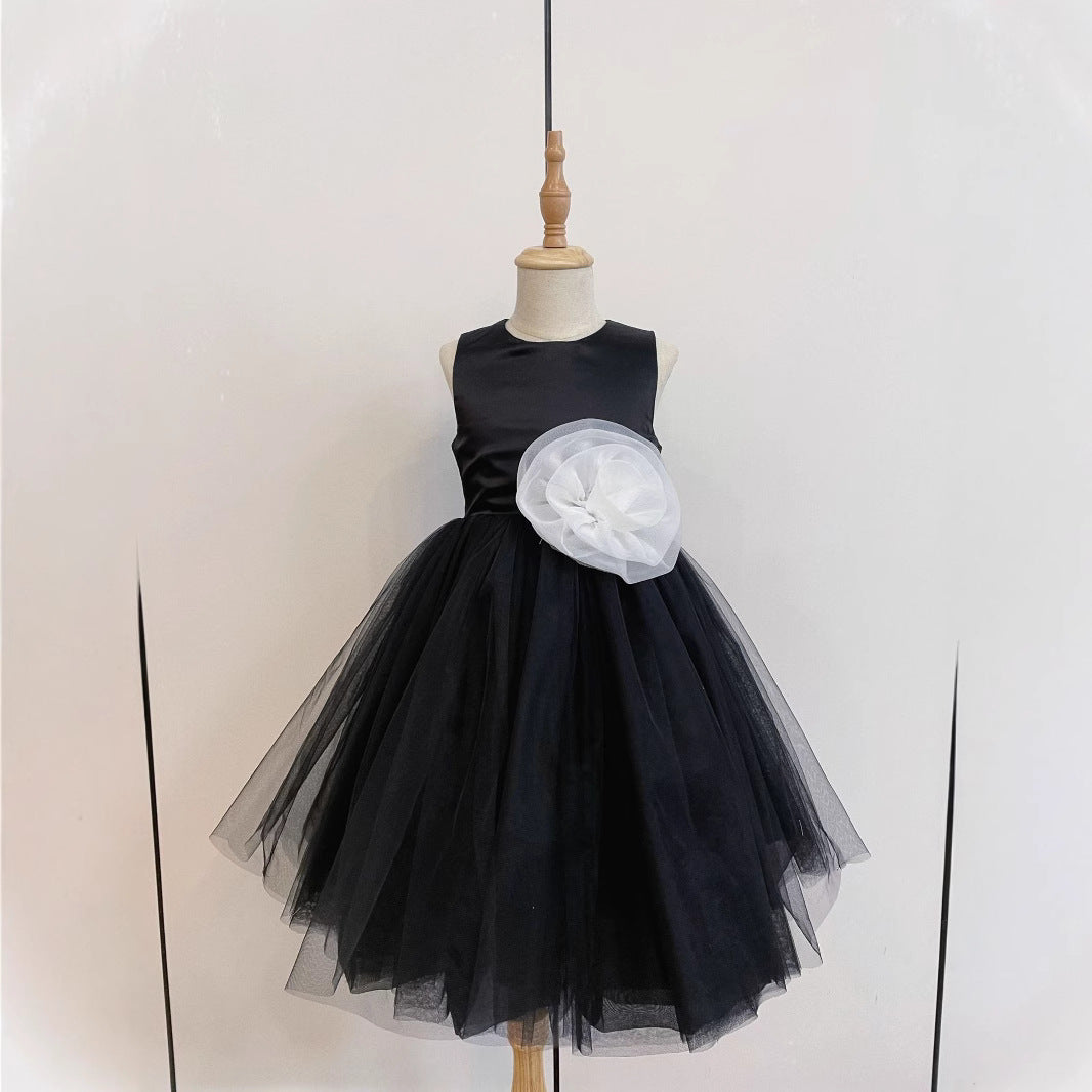 Vestito elegante bimba nero con mega fiore e tulle