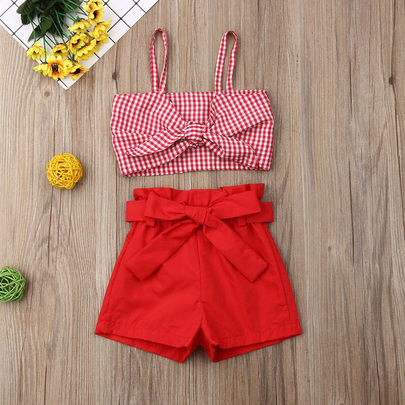 Completo estivo bambina rosso con top a quadretti e shorts con fiocco