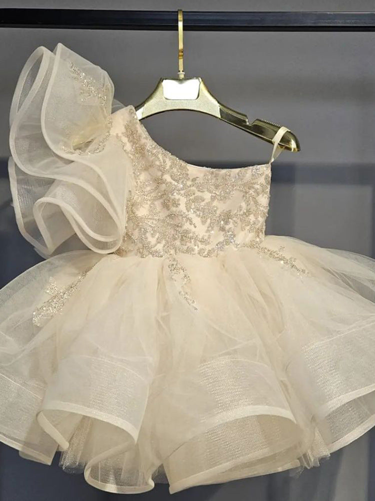 Abito da Cerimonia Bambina Avorio Monospalla con Ricami e Gonna in Tulle