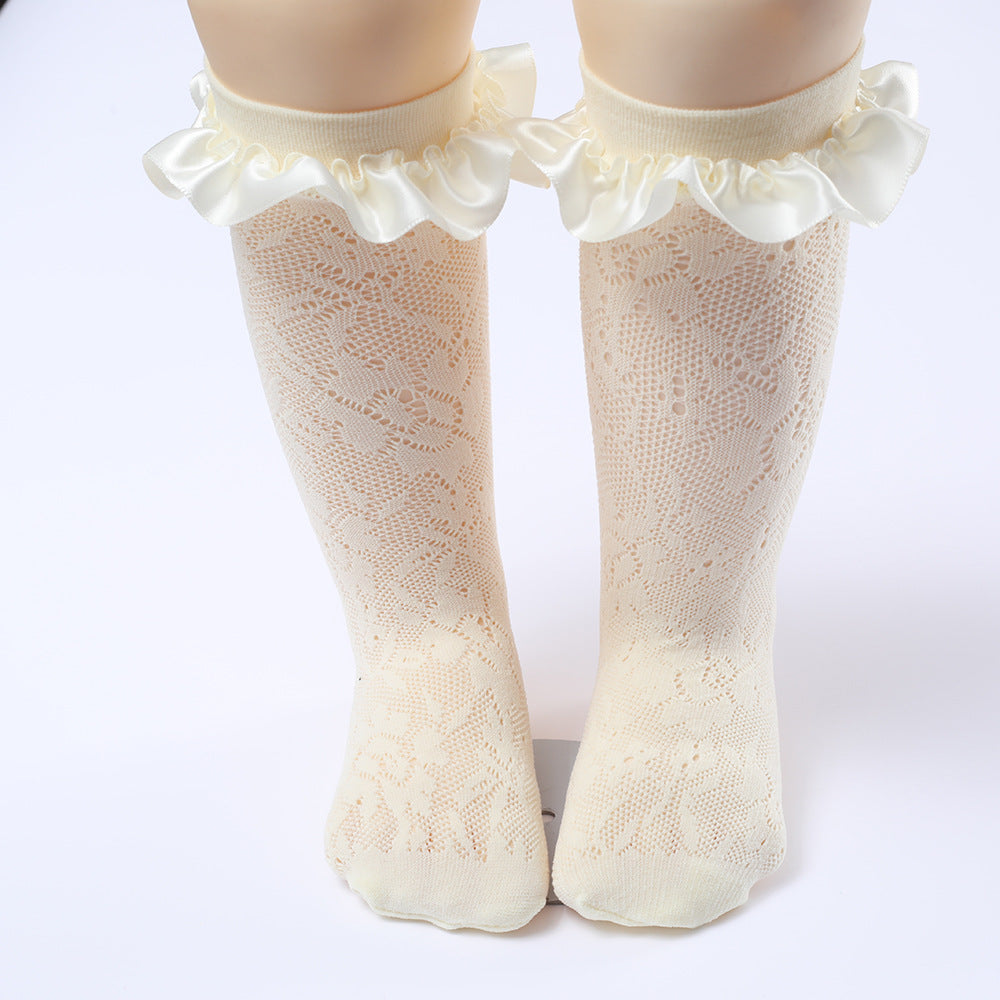 Calze traforate bambina al ginocchio con volant in raso – vari colori