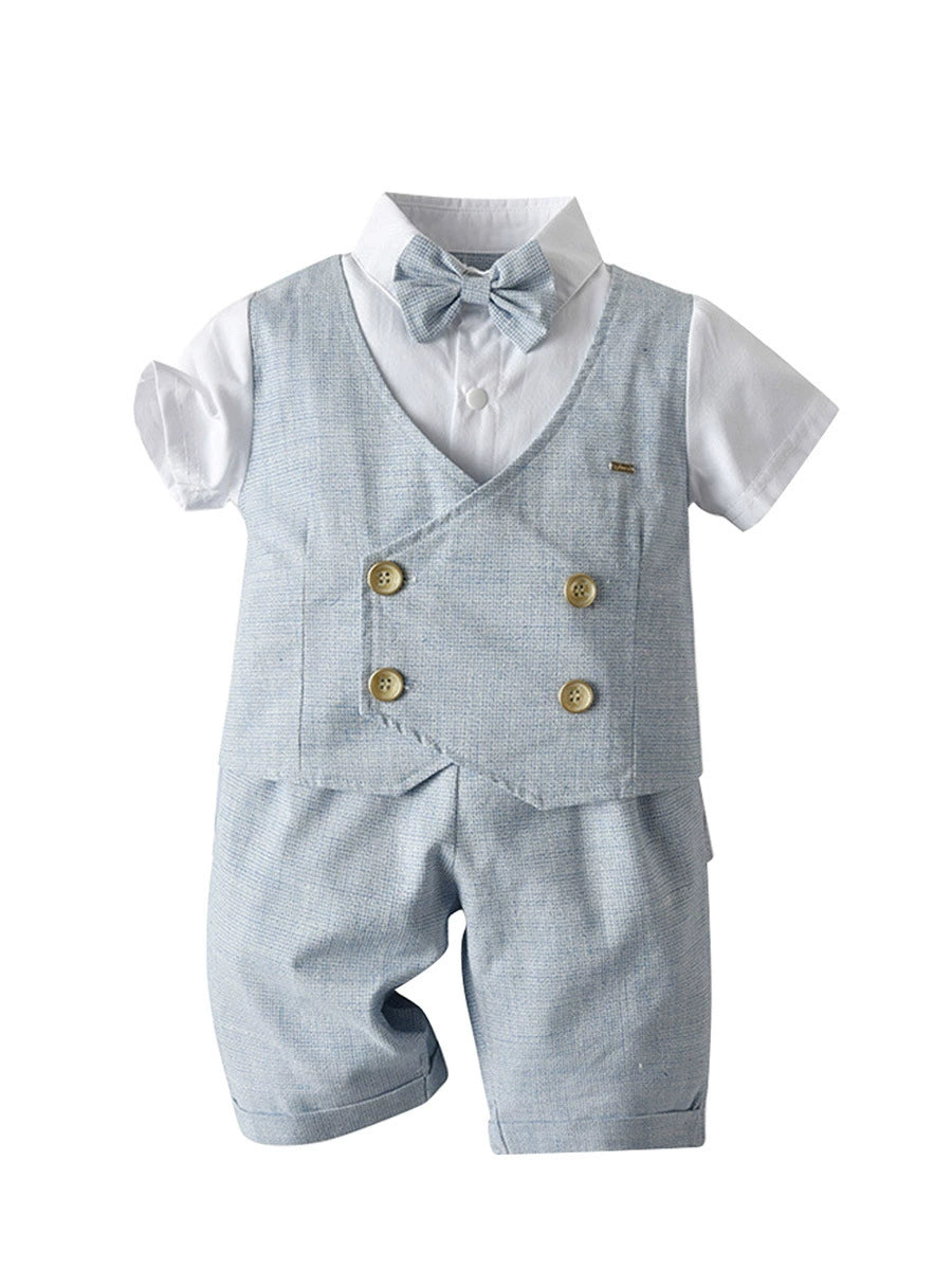 Completo Elegante Bimbo "Little Gentleman" Camicia, Gilet, Papillon e Shorts Azzurri