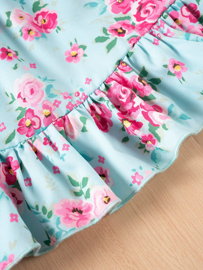 Vestito Estivo Bimba Azzurro con Fantasia Floreale e Volant