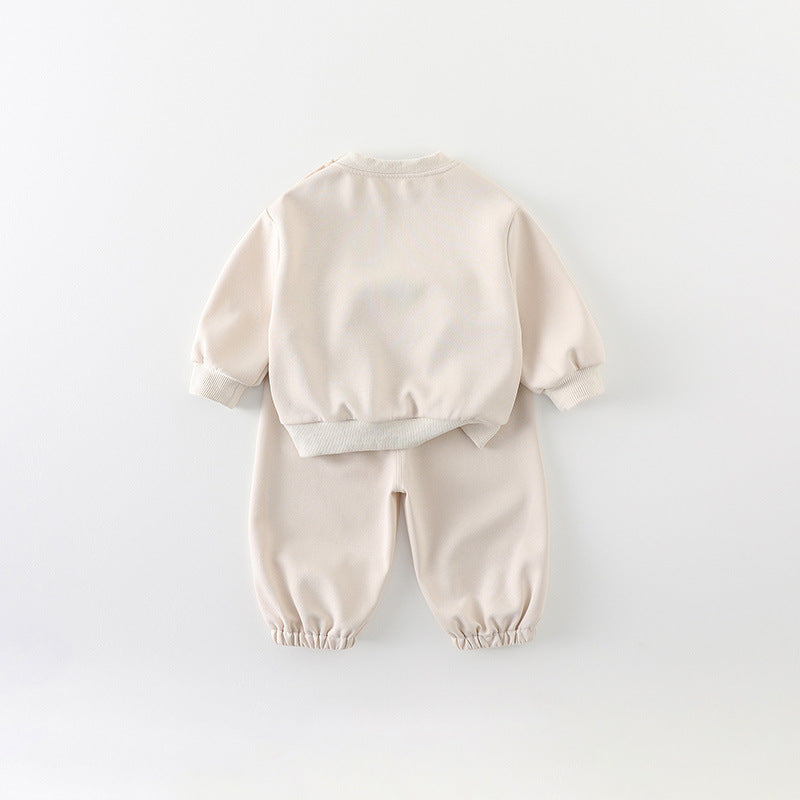 Tuta Baby 2 Pezzi – Felpa e Pantalone con Orsetto, Beige Morbido