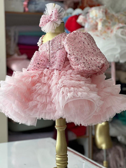 Abito da Cerimonia Bambina - Rosa con Paillettes, Tulle Vaporoso e Fiocco Coordinato