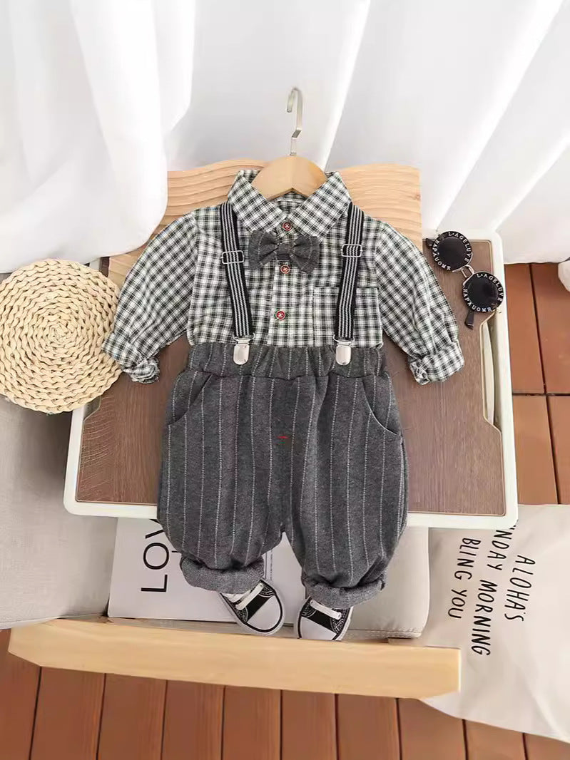 Completo Elegante Neonato con Bretelle   Camicia a Quadri e Pantaloni a Righe