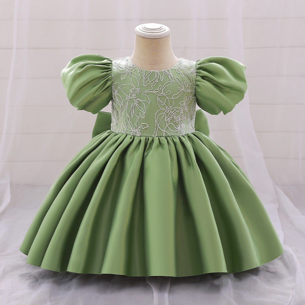 Abito Elegante Verde per Bambina con Maniche a Palloncino e Ricami