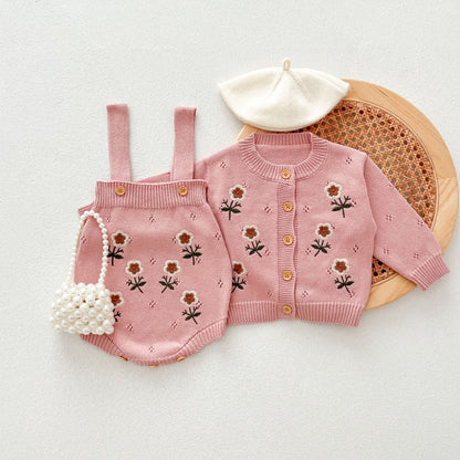 Set Maglia + Body Salopette Neonata Bimba Maglia Ricamata – Con Borsetta e Berretto
