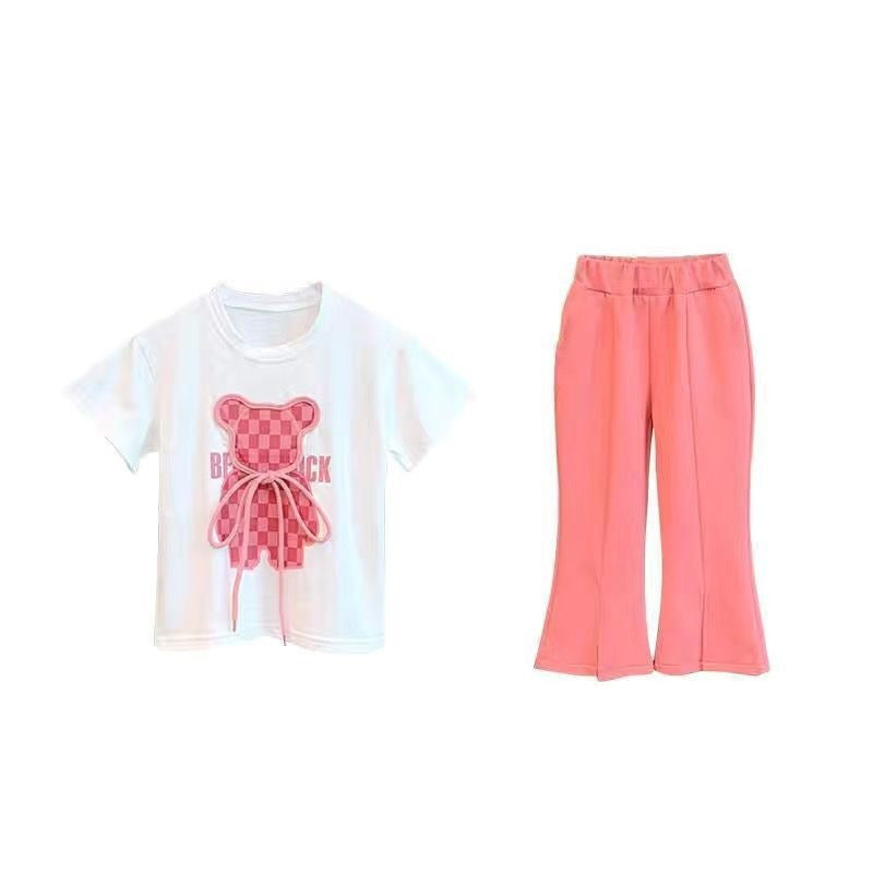 Completo Bambina “Bear Check” Rosa – T-shirt + Pantalone Jogger