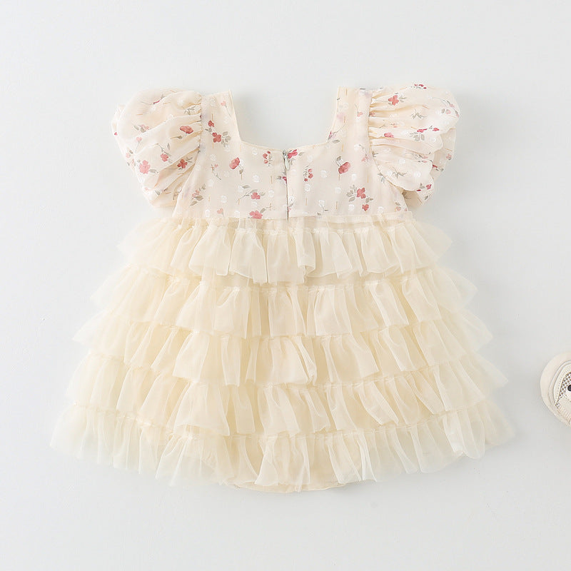 Vestito elegante in tulle crema con fiocco rosso – Abito cerimonia bambina