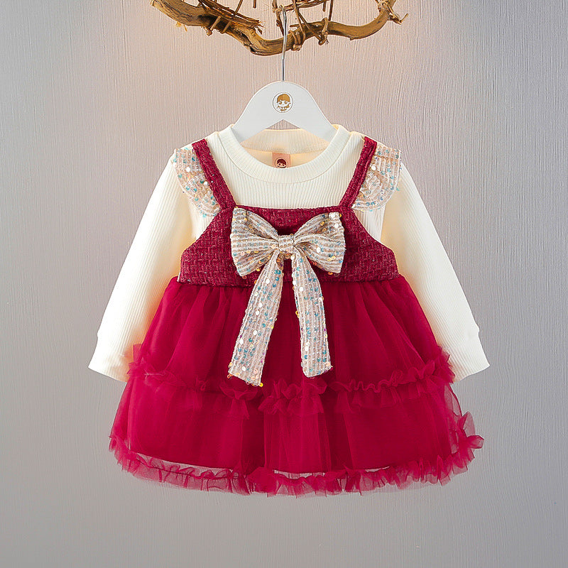 Abito Elegante Bambina con Tulle e Fiocco di Paillettes