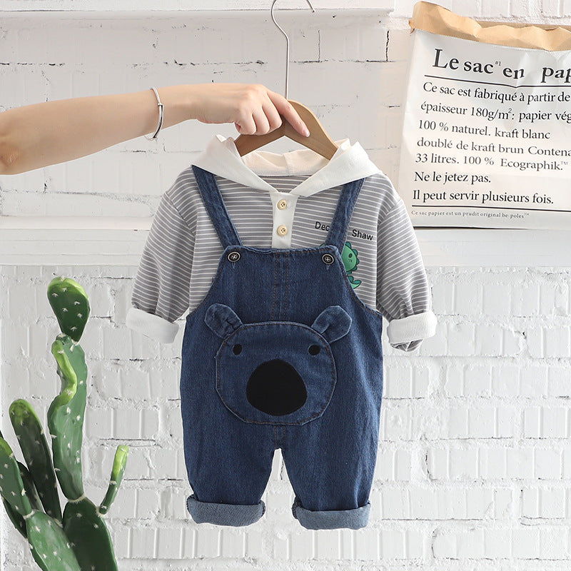 Completo Bambino 2 Pezzi - Salopette in Denim con Orsetto e Maglia a Righe