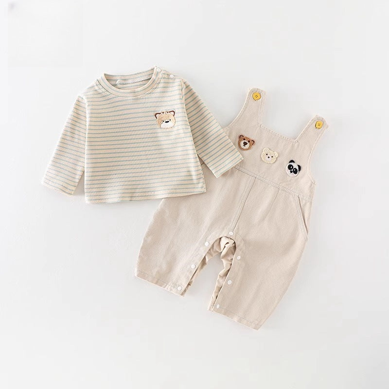 Completo Neutro 2 Pezzi – Salopette Beige con Animaletti + Maglia a Righe