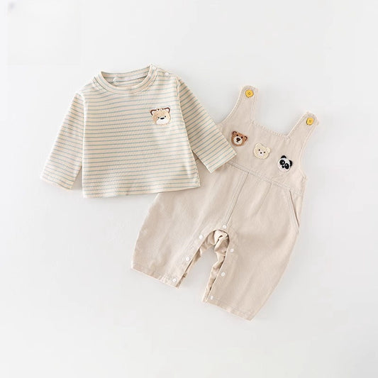Completo Salopette e Maglia a Righe per Neonato/ Bimbo – Modello Orsetti Ricamati