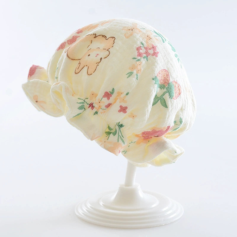 Cappellino Neonato in Mussola di Cotone – Fantasia Orsetti e Fiori