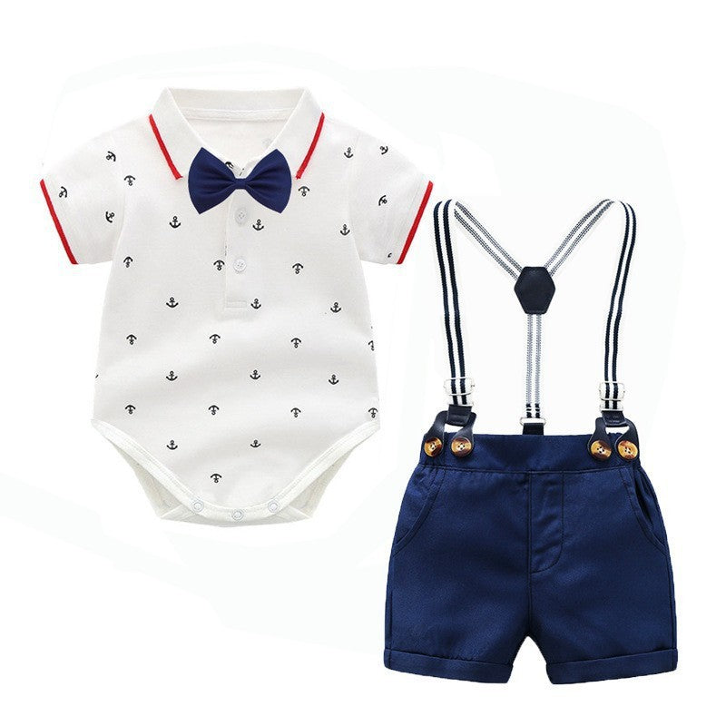Completo elegante bimbo Estivo con body a polo, papillon e pantaloncini con bretelle