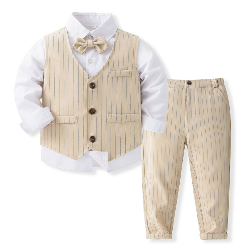 Completo Elegante Bambino 3 Pezzi – Gilet Beige a Righe, Camicia Bianca e Papillon Coordinato
