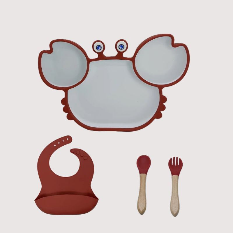 Set Pappa in Silicone Antiscivolo con Piattino a Forma di Granchio – 4 Pezzi