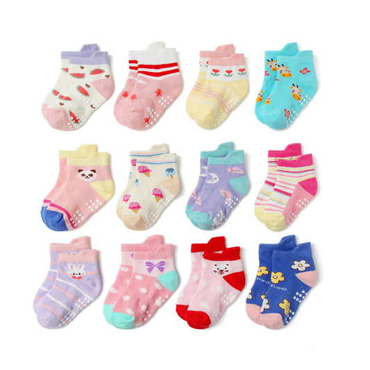 Set 12 Paia Calzini Antiscivolo Bambina  Fantasie Colorate con Animaletti, Fiocchi e Frutta