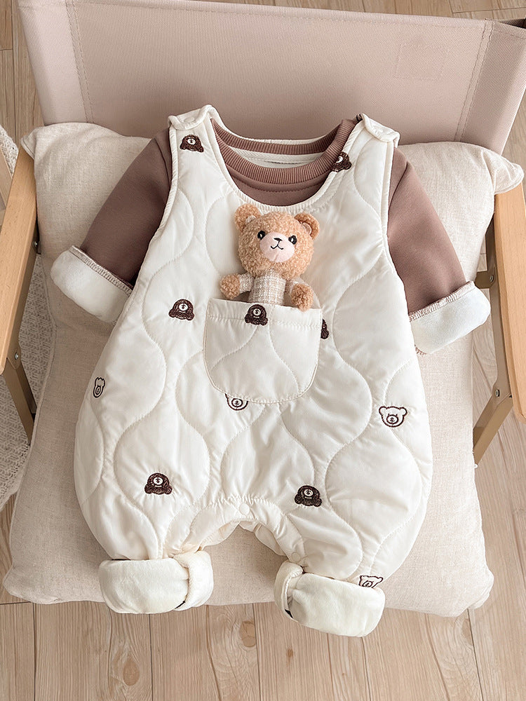 Completo invernale neonato 2 pezzi – Felpa e salopette imbottita con orsacchiotto