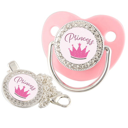 Set Ciuccio + Clip con Catena "Princess" Decorato con Strass 0-6 mesi
