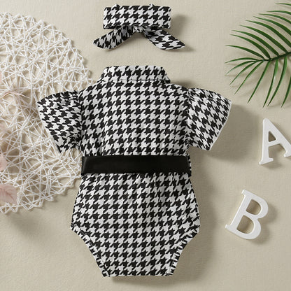 Body Elegante Bambina con Cintura e Fiocco  Fantasia Pied de Poule