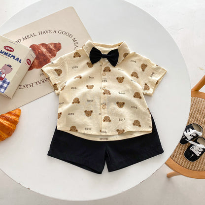 Completo estivo bimbo con camicia orsetti, papillon e pantaloncini neri