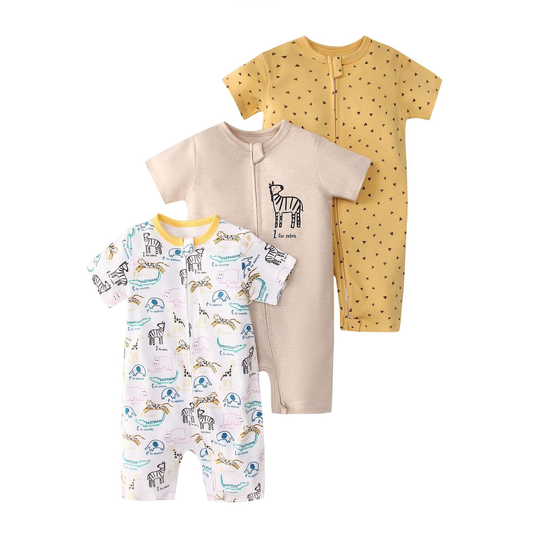 Set 3 Pagliaccetti  Estivi Neonato “Safari Friends”  Cotone con Zip e Fantasie Animali