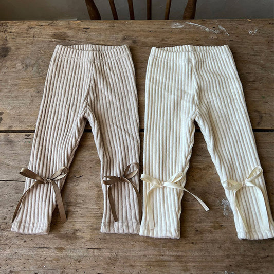 Leggings Bambina in Maglia a Coste con Fiocchi