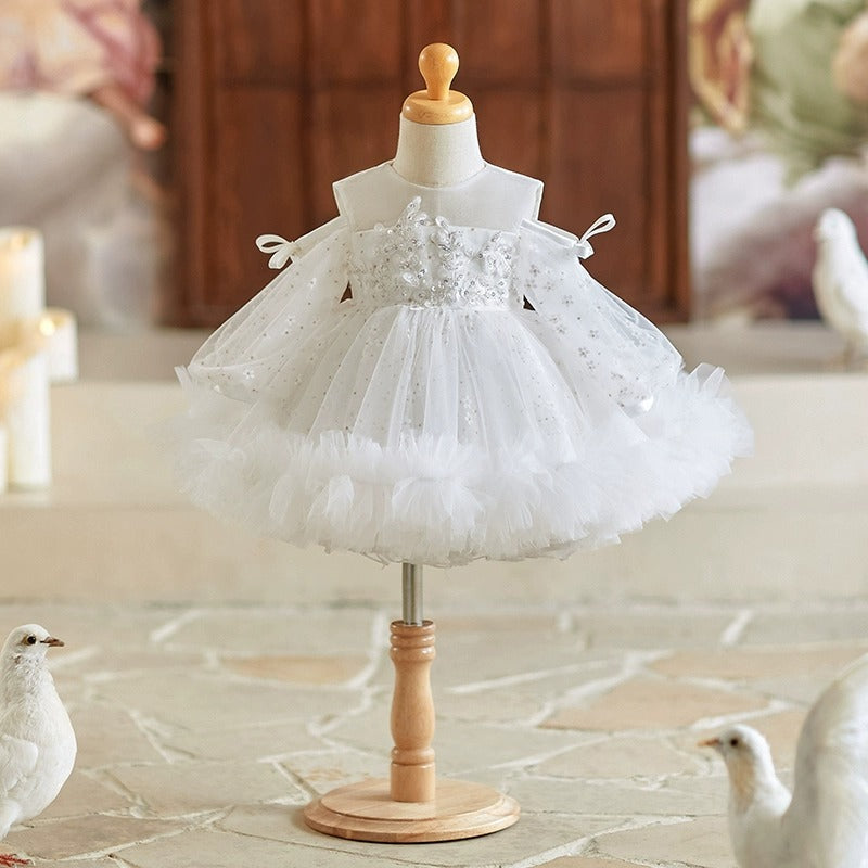 Abito Bianco da Cerimonia Bimba con Maniche in Tulle e Ricami