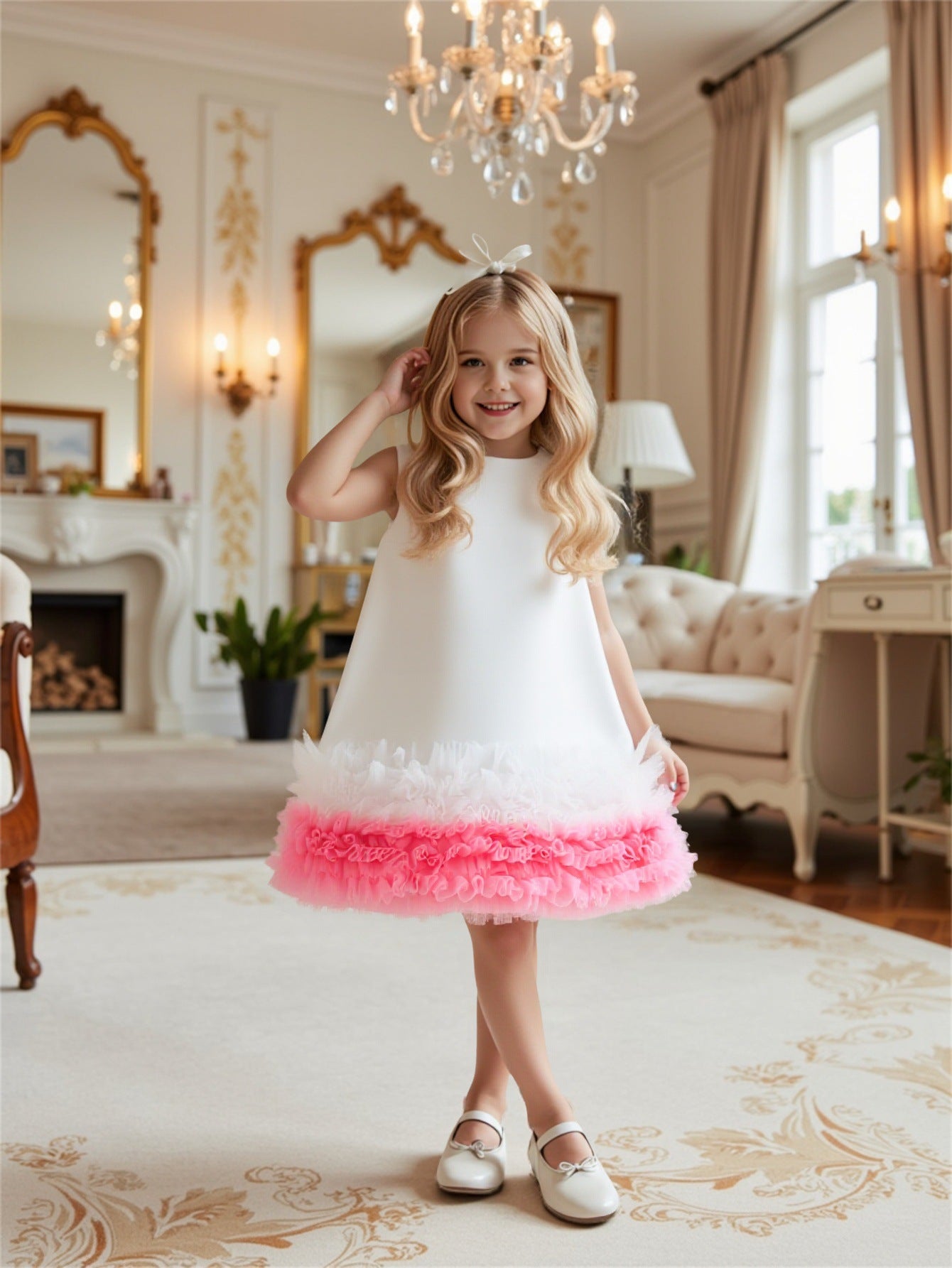 Abito elegante bambina bianco con balze in tulle rosa e fucsia