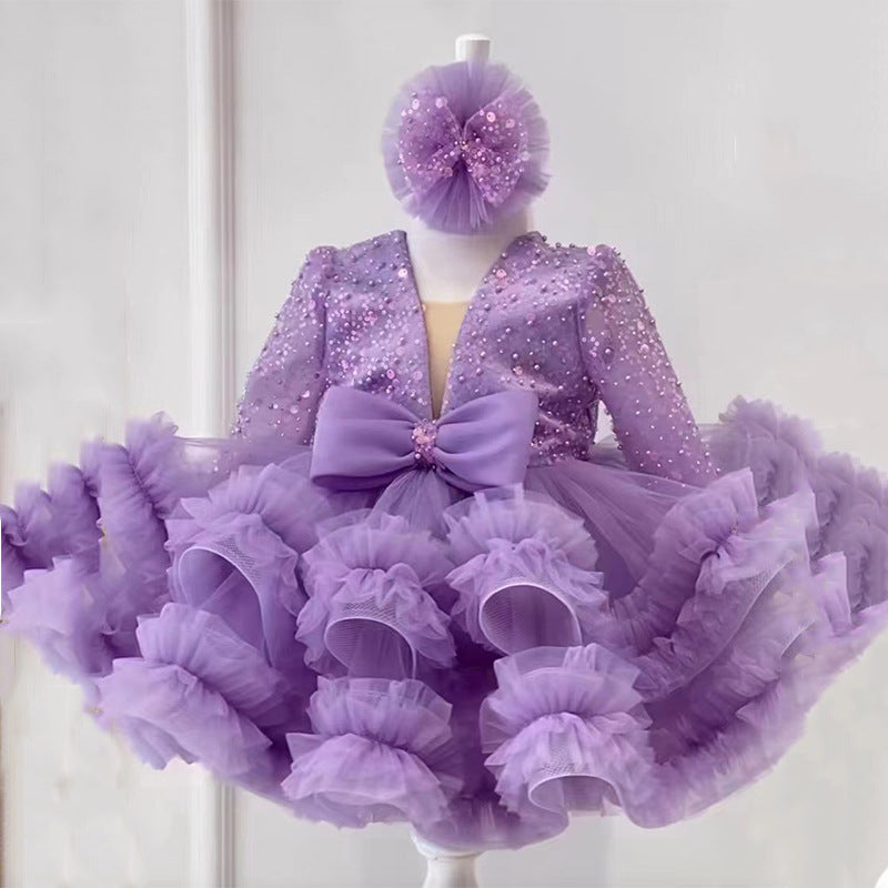 Abito Cerimonia Bambina in Tulle Lilla con Strass e Fiocco