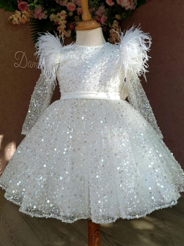 Abito da Cerimonia Bambina – Lusso e Eleganza con Paillettes e Piume