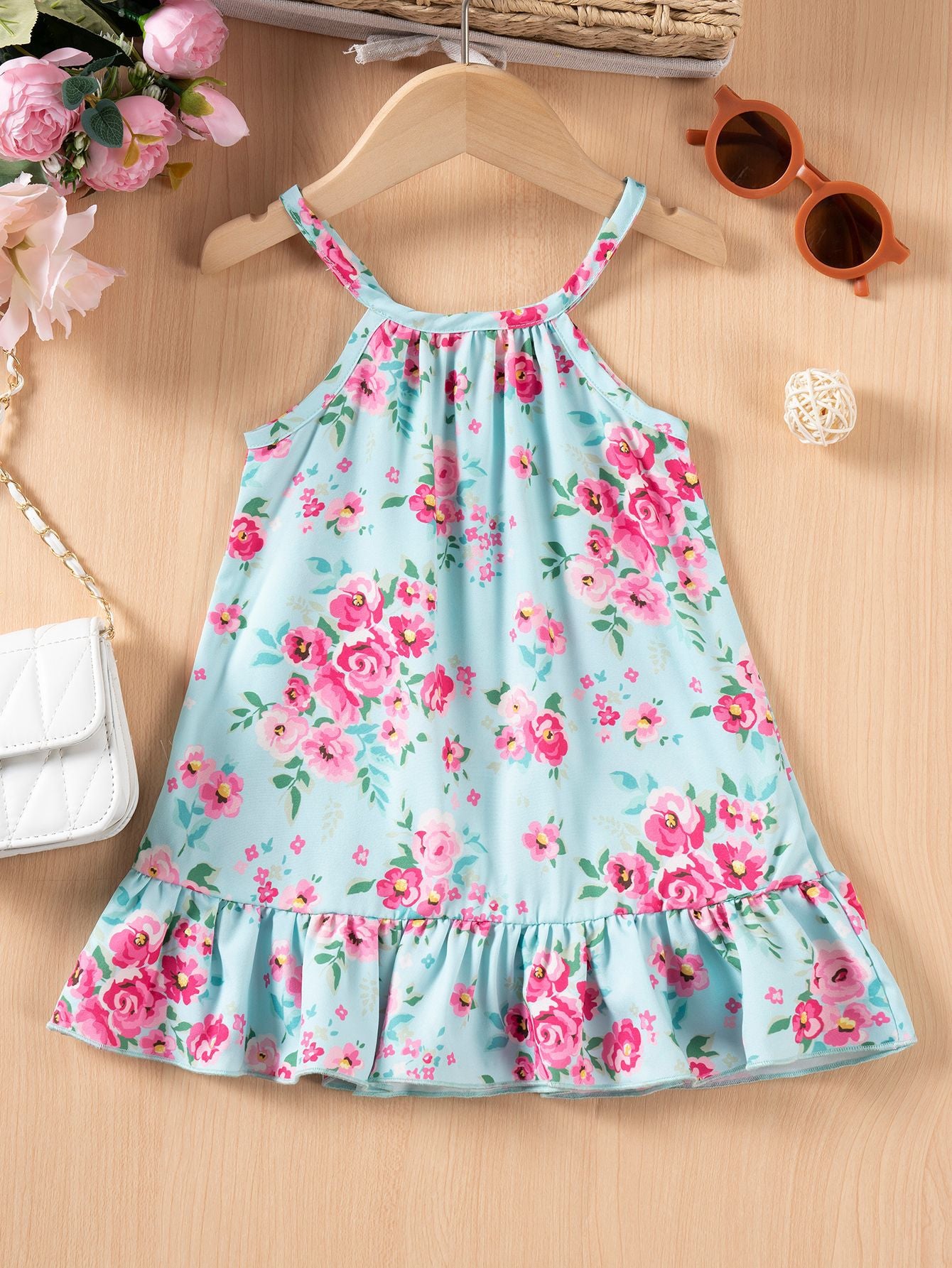 Vestito Estivo Bimba Azzurro con Fantasia Floreale e Volant