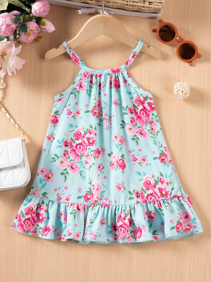 Vestito Estivo Bimba Azzurro con Fantasia Floreale e Volant
