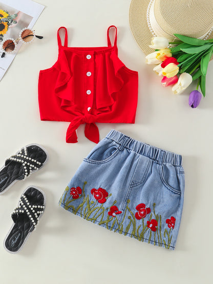 Set Estivo Bambina: Top Rosso con Volant e Gonna in Denim Ricamata