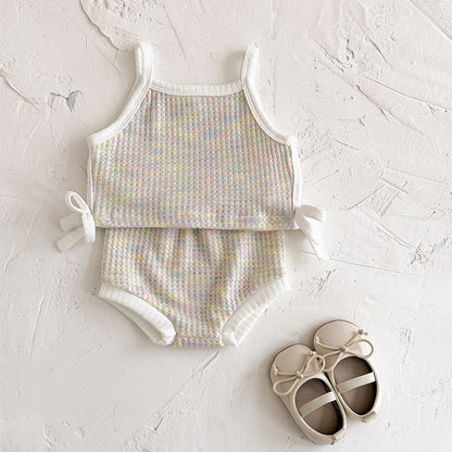 Coordinato estivo neonata in maglia waffle con fiocchi laterali