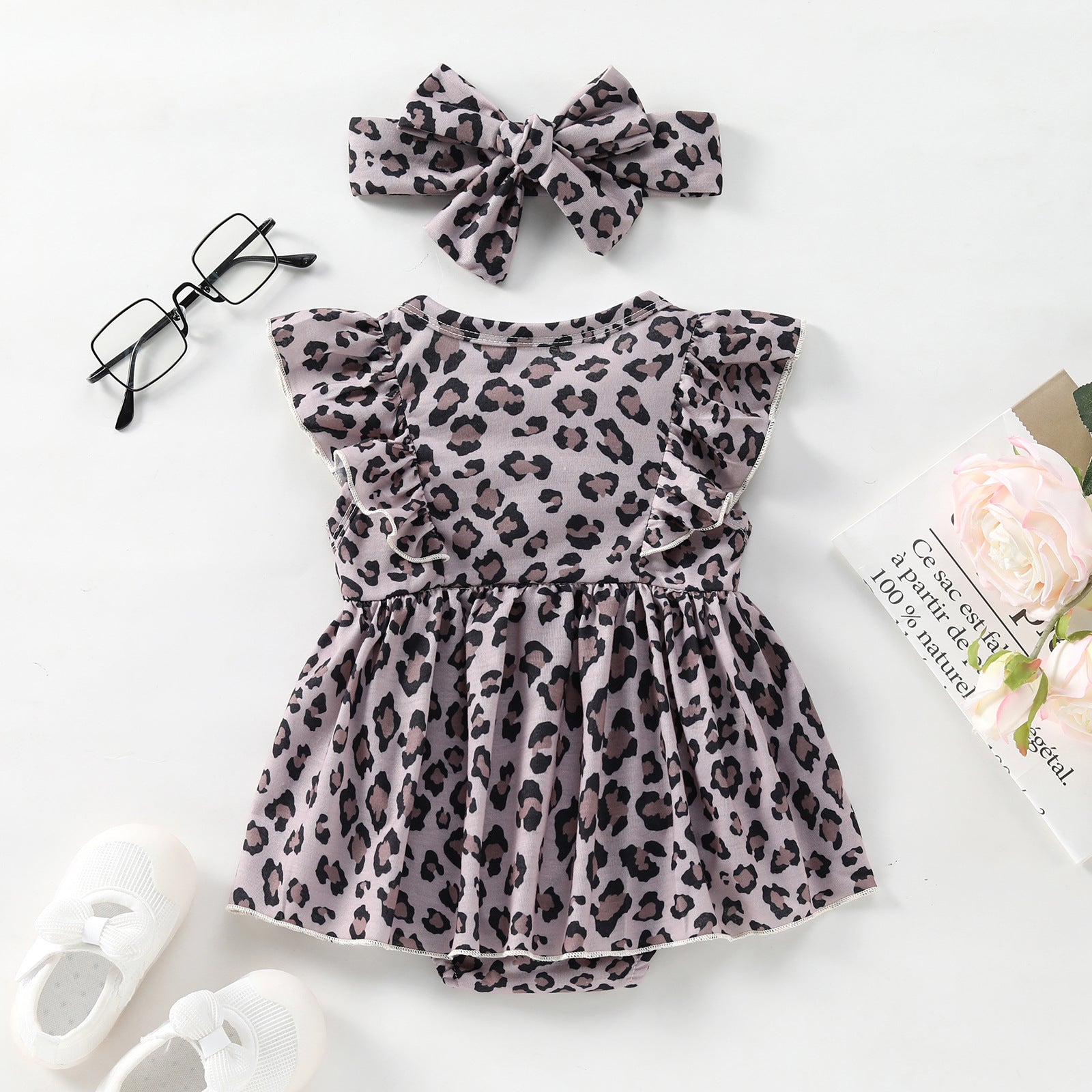 Tutina Estiva Neonata con Gonna e Fascia – Stampa Leopardata