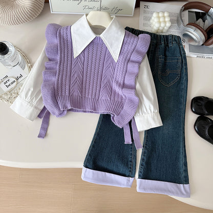 Set Bambina Camicia Bianca con Gilet Maglia e Jeans – 3 Pezzi
