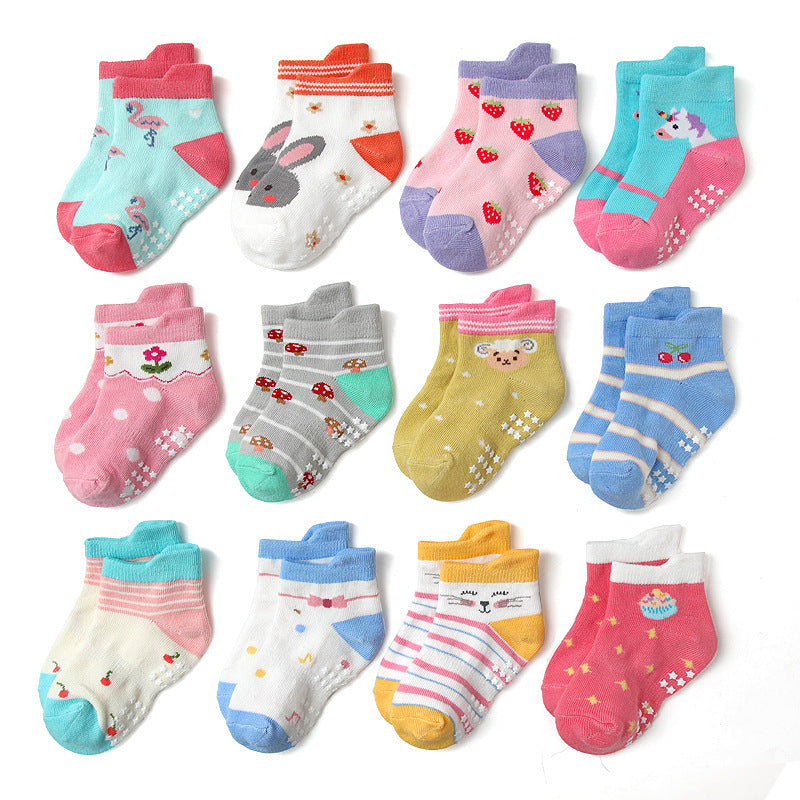 Set 12 Paia Calzini Antiscivolo Bambina  Fantasie Unicorni, Fragole, Orsetti e Cuoricini