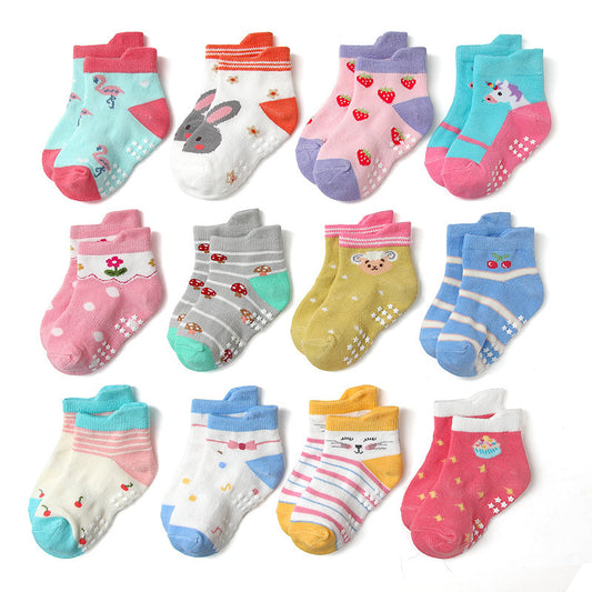 Set 12 Paia Calzini Antiscivolo Bambina  Fantasie Unicorni, Fragole, Orsetti e Cuoricini