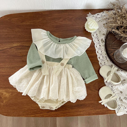 Completo per Bambina con Body Verde Salvia e Gonna in Pizzo - Stile Romantico