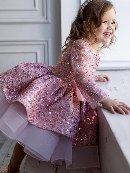 Abito da Cerimonia Bambina - Rosa con Paillettes, Fiocco e Gonna in Tulle