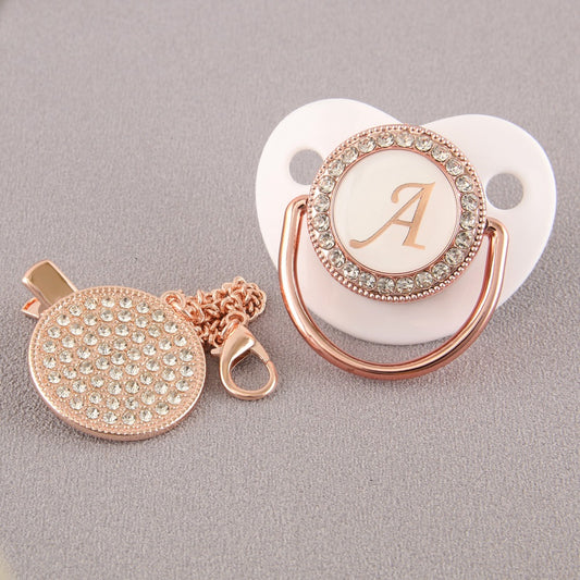 Set Ciuccio Luxury Bianco e oro rosa con Clip – Personalizzato con Iniziale (6-12 mesi)