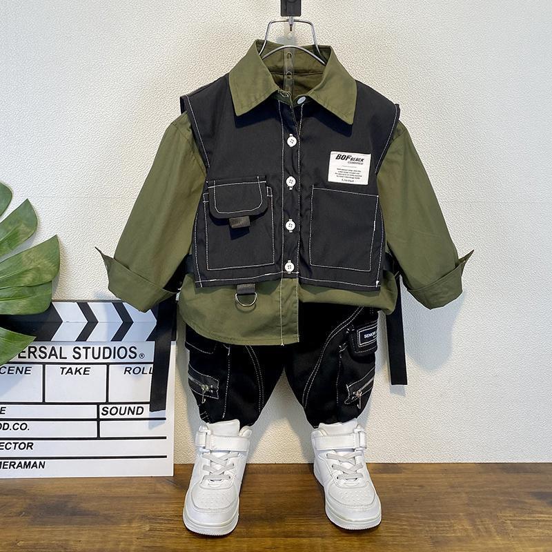 Completo Bambino Stile Streetwear  Camicia, Gilet Utility e Pantaloni Cargo